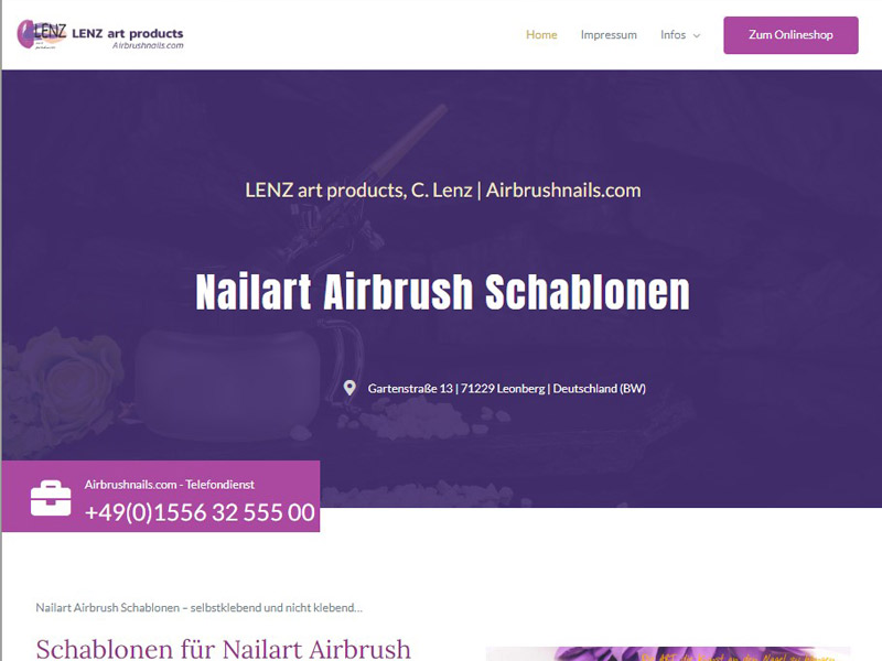 Bild zeigt einen Screenshot der Webseite nailart-airbrush-schablonen mit direktem Link zur Webseite